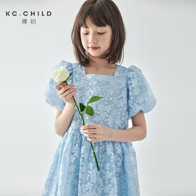 棵初2025夏季新款亲子中大女童泡泡袖花型连衣裙蓝色碎花裙