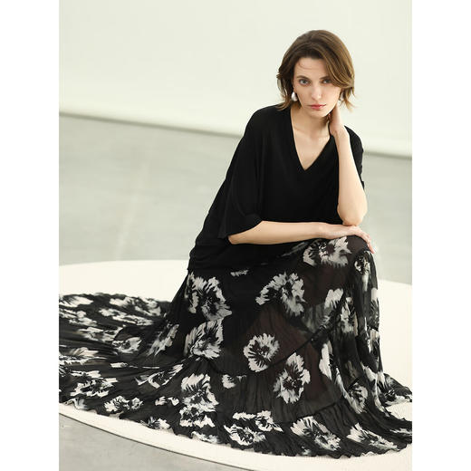 COCOBELLA国风水墨手绘超大摆半身裙女夏手工捏褶长裙HS3108 商品图2