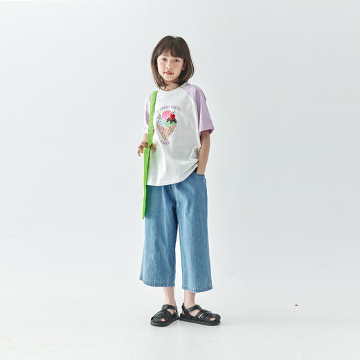 【代发】休闲牛仔裤九分裤 棵初夏季款亲子中大女童水洗蓝宽松休闲裤蓝色 商品图1