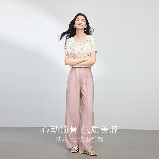 【周四狂欢价】熙世界波点方领T恤夏季女短袖2025新款法式气质肌理针织体恤上衣 商品图3