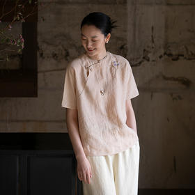 牧衣游原创 手工刺绣汉麻套头衫柔软舒适禅意短袖上衣 雾入森海