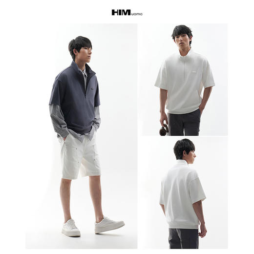 HIM漢崇  时尚刻字胶囊章舒适休闲半开襟立领短袖卫衣 2026春季 商品图3