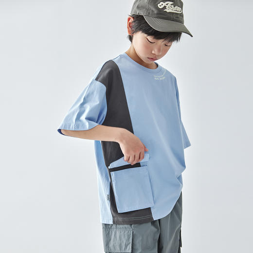 【代发】男童撞色拼接T恤 蓝汽水夏季全棉趣味口袋字母印花上衣白拼灰/蓝拼灰 商品图2