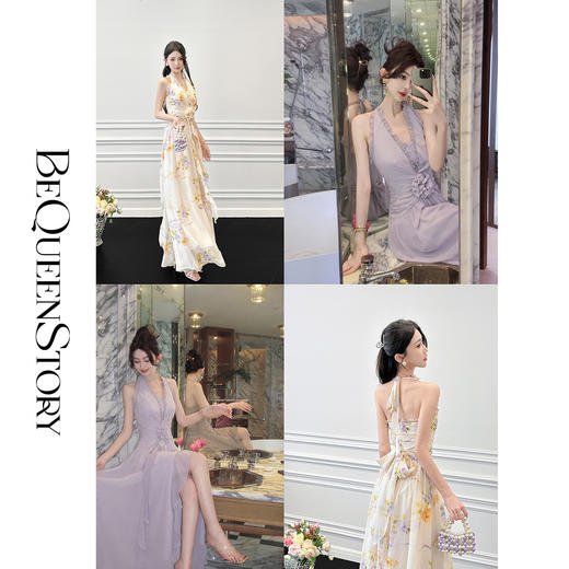 余潇潇【花影悦动】乔其纱手工钉珠印花挂脖V领收腰连衣裙时尚精致 商品图0