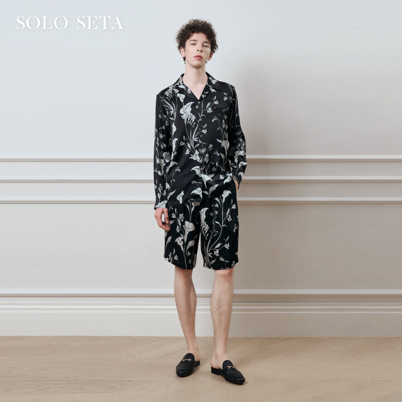 Solo seta22姆米重磅真丝男士印花衬衫短裤桑蚕丝睡衣2025年秋季
