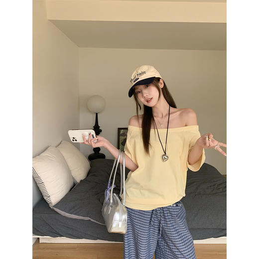 ✨明星同款【多巴胺一字肩短袖T恤】女2025夏季慵懒宽松露肩纯欲上衣 商品图9