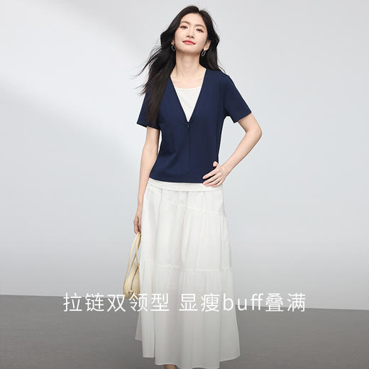 【专属特价】熙世界设计感拉链撞色V领假两件T恤短袖休闲体恤上衣女2025夏新款 商品图2