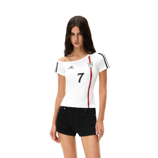 FDR官方店 斜肩数字运动修身短袖T恤女夏季美式辣妹露肩显瘦上衣 商品图2