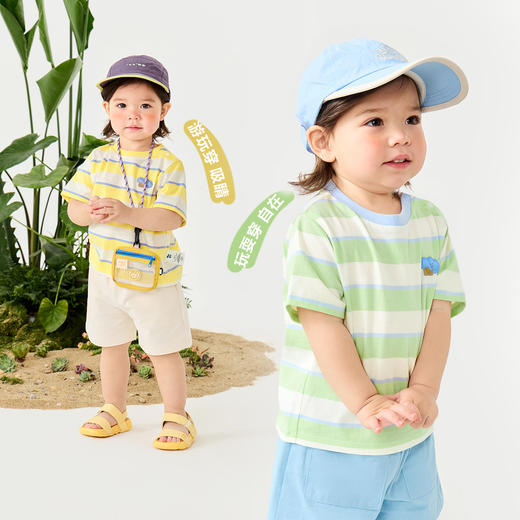 【纯棉条纹T恤】迷你巴拉男女童亲肤不易变形撞色短袖T恤夏 商品图3