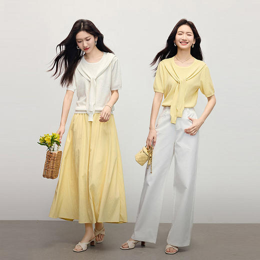 【专属特价】熙世界假两件披肩拼接针织衫短袖独特别致圆领上衣女2025夏季新款 商品图2