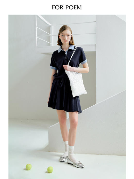 ForPoem 现货 25/SS原创设计凉感抗菌珠地短袖格子POLO百褶连衣裙 商品图2