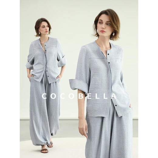 COCOBELLA重工撞色牛仔线肌理感衬衫女蓝调七分袖上衣SR0069 商品图2