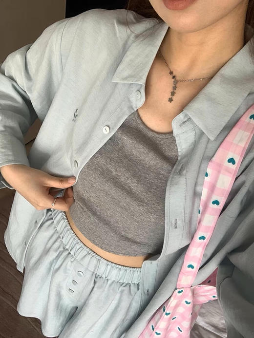 【GZ】无忧购老钱风亚麻刺绣图案宽松百搭衬衫+显瘦背心+松紧腰慵懒休闲短裤套装 7888-5#(截单后7天发货) 商品图8