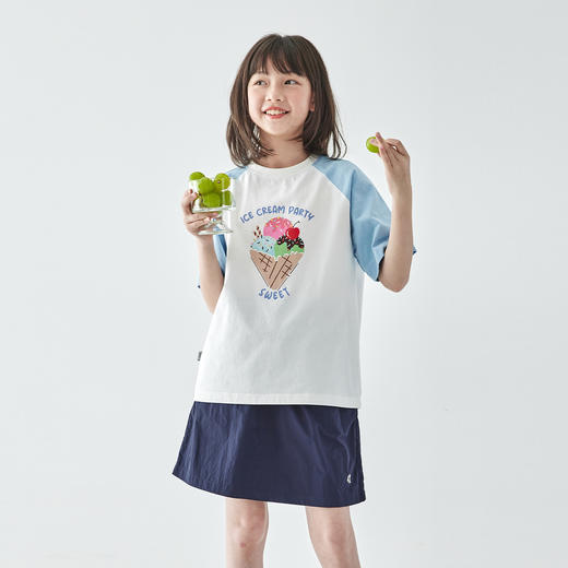 棵初2025年夏季新款亲子中大女童插肩拼色印花短袖T恤纯棉 商品图2