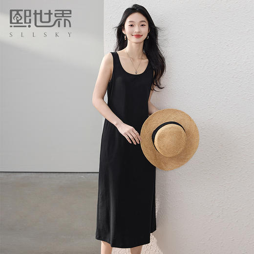 【专属特价】熙世界黑色背心连衣裙女春夏2025新款收腰打底无袖U领吊带长裙子 商品图0