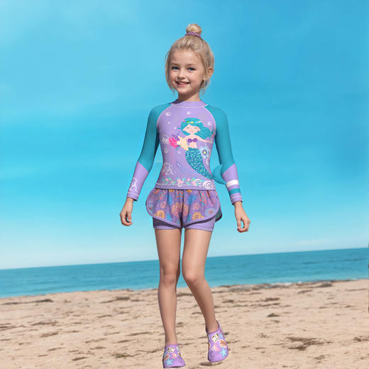 【女童泳衣，长袖设计，透气舒适】新款儿童泳衣 女童分体长袖 沙滩运动网平角裤裙泳装 小中大童游泳衣-QQ 商品图6