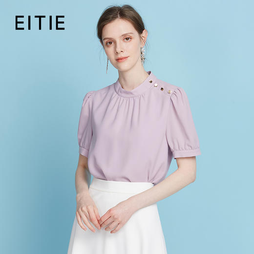 【气质短袖上衣】EITIE爱特爱灯笼袖复古立领衫2025夏季新款B2513620 商品图1