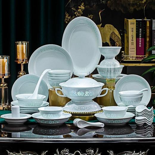 （比骨瓷更好 1300℃高温白泥 不沾油温热水一冲即净）景德镇餐具套装一整套高白泥镂空玲珑影青碗碟盘乔迁送礼家用 商品图1