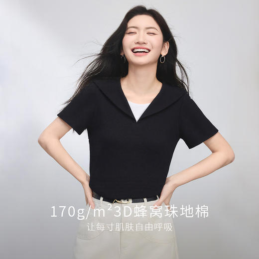 【周四狂欢价】熙世界海军领短袖T恤女夏季新款设计感独特别致蓝色体恤正肩上衣 商品图1