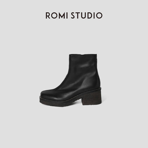 ROMI STUDIO“率性简约”进口油蜡感牛皮拼混种羊皮中筒靴 447D4040 商品图1
