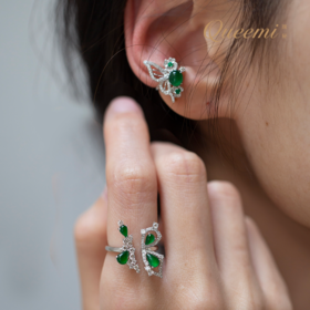 「蝶恋花」18K白翡翠耳夹