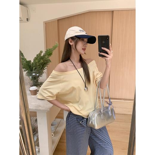 ✨明星同款【多巴胺一字肩短袖T恤】女2025夏季慵懒宽松露肩纯欲上衣 商品图5