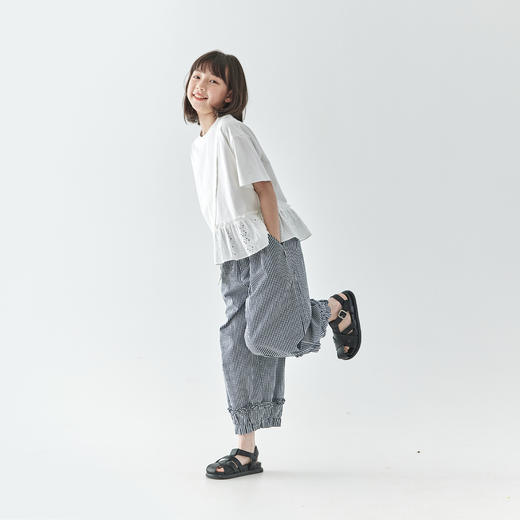 棵初2025夏季新款亲子中大女童格纹休闲裤纯棉荷叶边宽松裤 商品图4