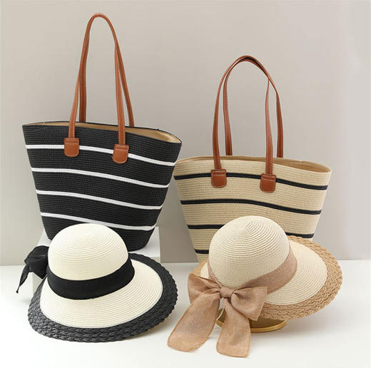 *【团购】【出游首选】美莞尔女款夏季草帽复古条纹草编包大容量托特包单肩包休闲编织包度假沙滩包W1-B10 商品图1