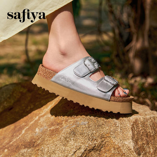 预售7天|Safiya/索菲娅2025时尚双扣带轻便增高休闲外穿复古厚底勃肯拖SFD2110158 商品图5