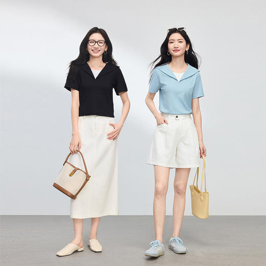 【周四狂欢价】熙世界海军领短袖T恤女夏季新款设计感独特别致蓝色体恤正肩上衣 商品图2