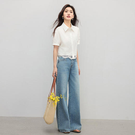 【专属特价】熙世界蕾丝拼接白色衬衫女2025年夏季新款设计感短袖衬衣短款上衣 商品图4