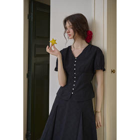 SimpleRetro法式玫瑰暗纹提花黑色套装v领衬衫百褶裙