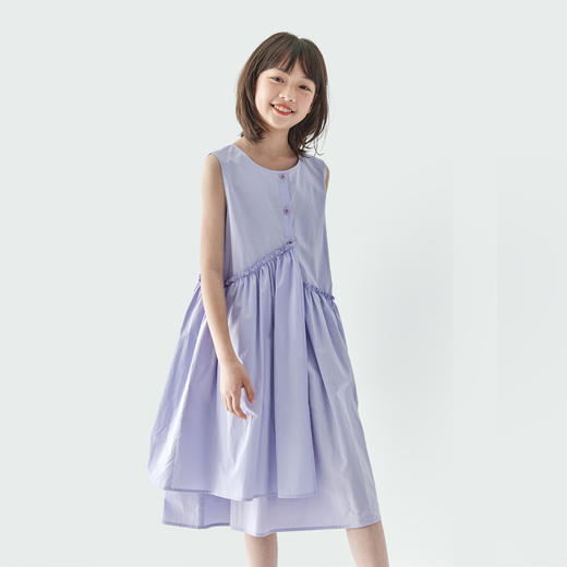 【代发】女款纯色连衣裙 棵初夏季款亲子中大女童纯棉无袖裙子木耳边宽松仙女裙湖水绿/紫色 商品图2