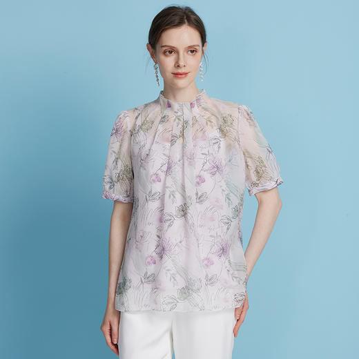 EITIE爱特爱优雅印花透气收褶立领宽松显瘦罩衫上衣夏季新款B2513614 商品图2