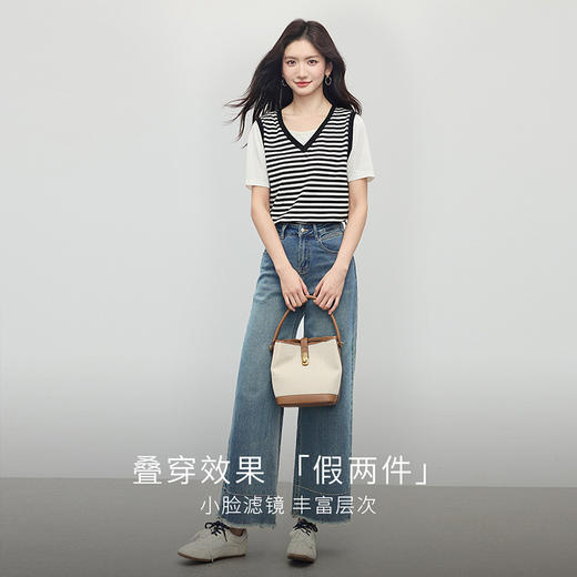 【周末秒杀】熙世界假两件短袖拼接条纹T恤女休闲宽松正肩显瘦上衣2025夏新款 商品图2