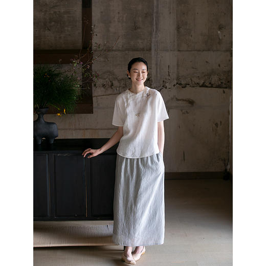 牧衣游原创 手工刺绣汉麻套头衫柔软舒适禅意短袖上衣 雾入森海 商品图2