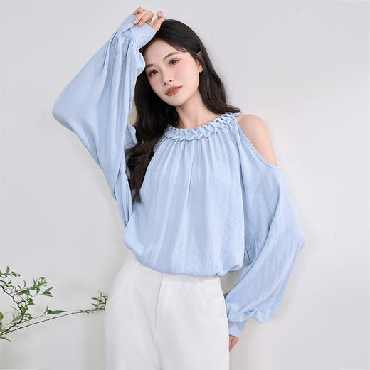 【限时秒杀】西遇露肩挂脖衬衫女夏季新款薄款衬衣泡泡袖法式长袖上衣Y0050481 商品图3