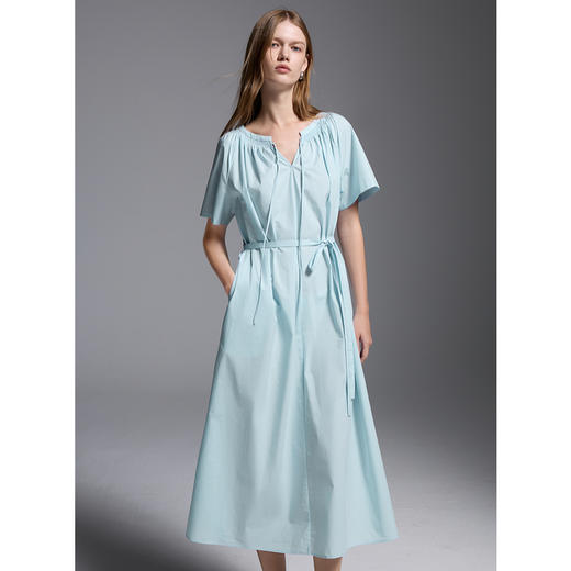 三彩2025夏季新款纯棉连衣裙插肩袖A字裙宽松长裙系带气质S 商品图1