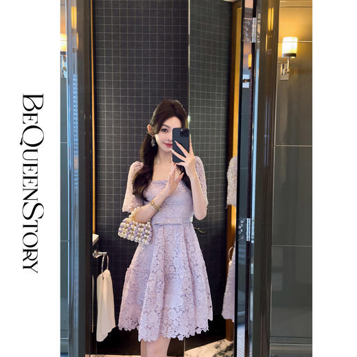 余潇潇【海芋之恋】轻奢时尚镂空设计感手工缝钻方领短款连衣裙新款 商品图4