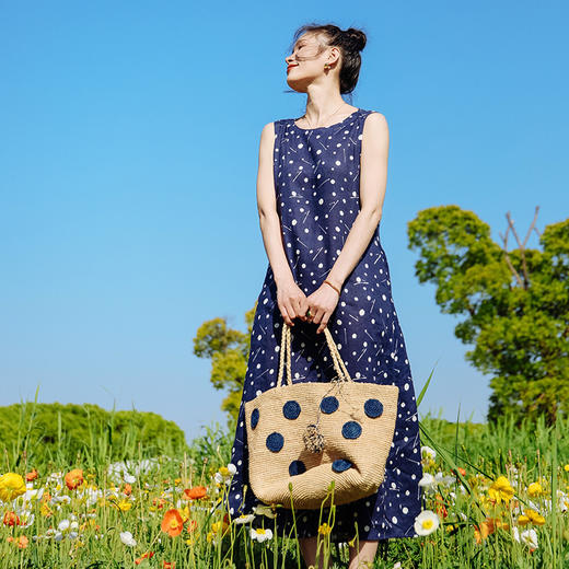 绽放旅行女装242朵/流星裙双支数亚麻底布星空印花无袖背心长裙 商品图0