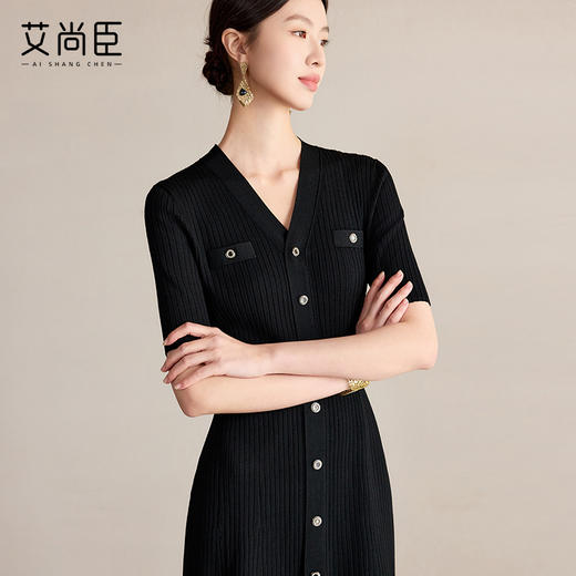 黑色连衣裙女V领气质冰丝针织基础款收腰显瘦短袖裙子中长款 商品图0