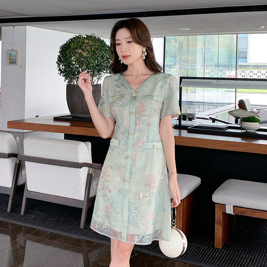 奢姿大码女装2025夏季减龄绣花设计简约连衣裙胖妹妹V领时尚裙子9952869636 商品图1