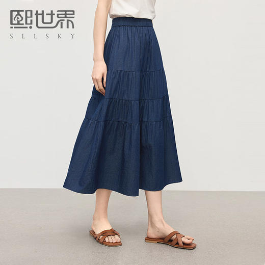 熙世界丹宁软牛仔半身裙女夏季薄款高腰宽松100%纯棉a字蛋糕裙子 商品图0