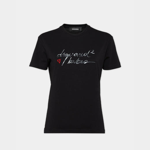 DSQUARED2 女士涂鸦徽标印花棉质圆领短袖T恤 黑色 S72GD0571 D20020 900 商品图0