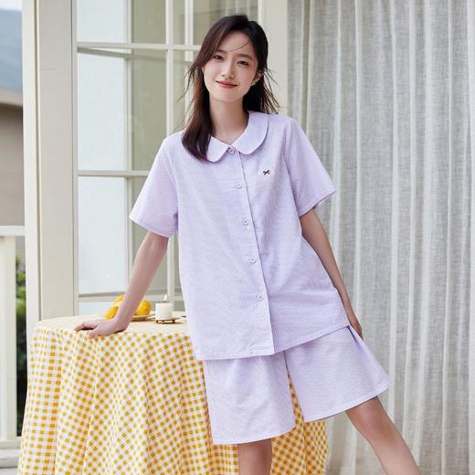 3部顶瓜瓜梭织棉开襟小娃娃领竖条纹女短袖套装AR22798 商品图1