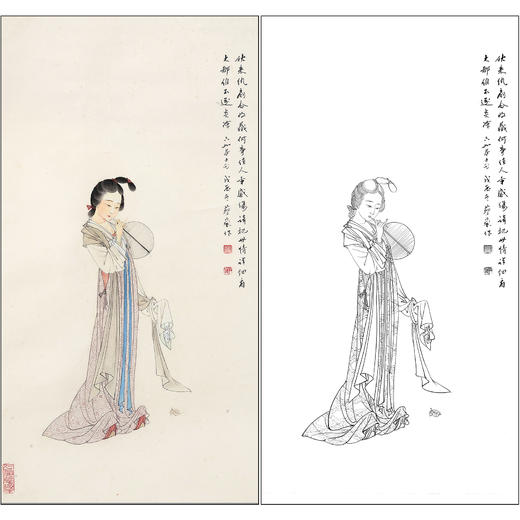 蔡岚人物工笔画白描底稿《执扇仕女》临摹勾线高清打印画稿CL09 商品图0
