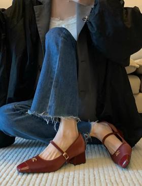 赛赛同款肌理纹玛丽珍方跟法式通勤鞋