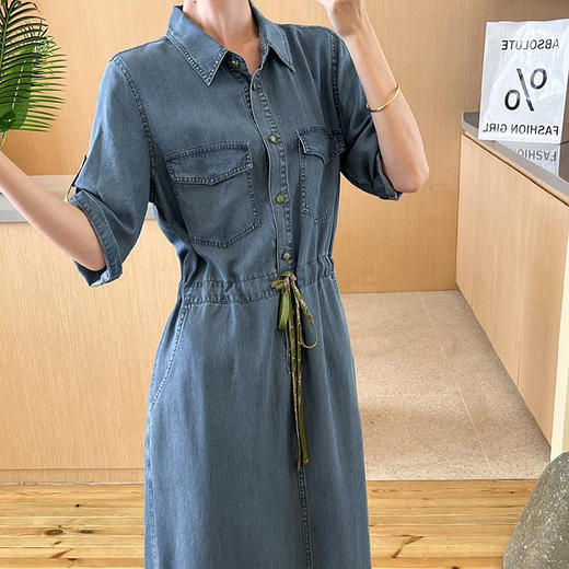 洛诗琳62835夏季新款休闲收腰系带薄款天丝牛仔连衣裙女1190 商品图1