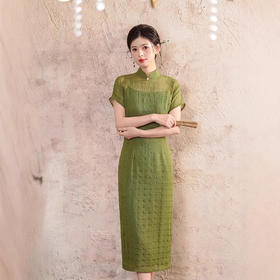 古法连肩袖香云纱绿色高贵，雪纺修身旗袍TX8898