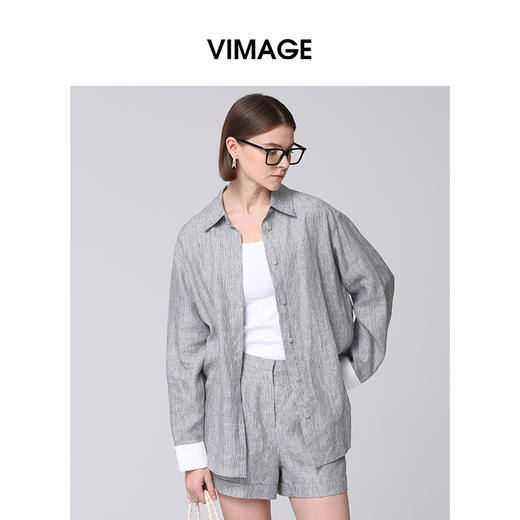 VIMAGE纬漫纪亚麻时尚摩登舒适灰色休闲宽松直筒短裤2025夏季新款V2305930 商品图3